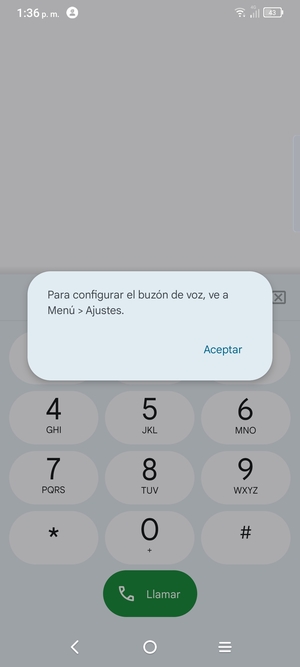 Si el correo de voz no está configurado, seleccione Aceptar