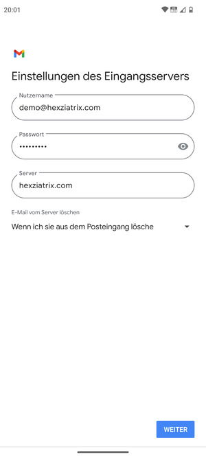 Geben Sie Benutzername und die Server-Adresse für eingehende Post ein. Wählen Sie WEITER