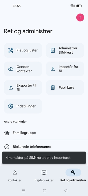 Dine kontakter vil blive gemt på din Google konto og gemt på din telefon næste gang Google synkroniseres.