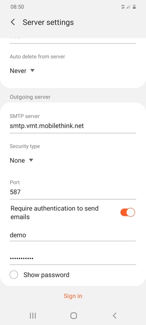 Scroll down and enter Outgoing server address
