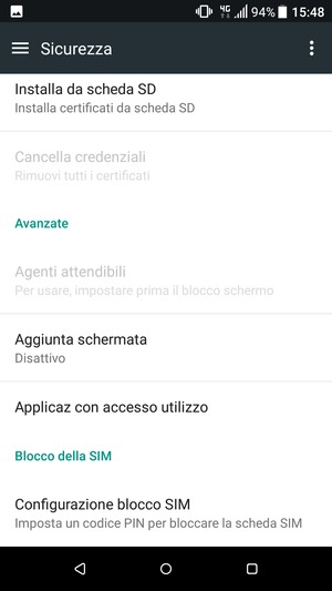 Per cambiare il PIN della scheda SIM, torna al menu Sicurezza, scorri fino a Configurazione blocco SIM e seleziona questa opzione