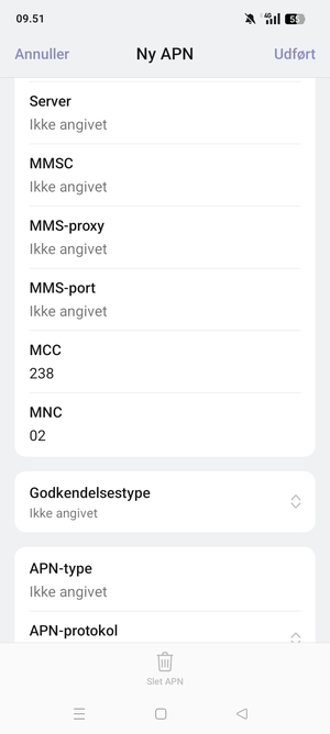 Scroll ned og indtast internet-oplysninger