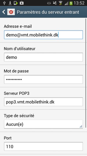 Saisissez votre Nom d'utilisateur et l'adresse du serveur entrant