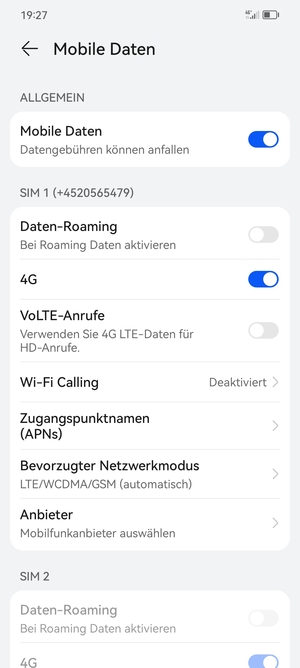 Scrollen Sie zu SIM 1 oder SIM 2 und wählen Sie Zugangspunktnamen (APNs)