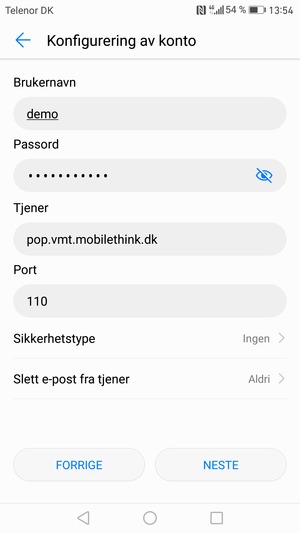 Skriv inn Brukernavn og innkommende serveradresse. Velg NESTE