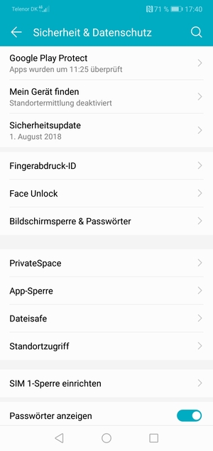 Um Ihre Bildschirmsperre zu aktivieren, gehen Sie zum Sicherheit & Datenschutz Menü und wählen Sie  Bildshirmsperre & Passwörter
