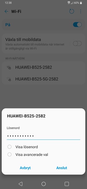 Ange lösenord till Wi-Fi och välj Anslut