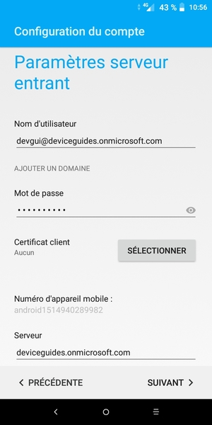 Saisissez votre Nom d'utilisateur et l'adresse du serveur Exchange. Sélectionnez SUIVANT