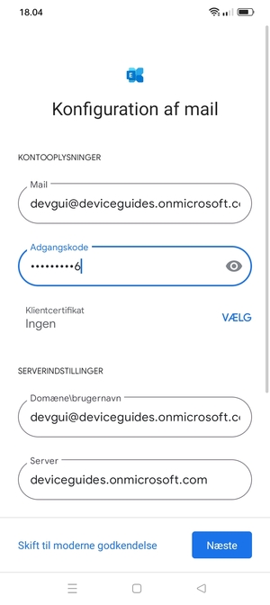 Indtast Brugernavn og Exchange serveradresse. Vælg Næste