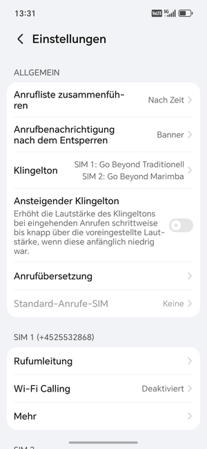 Scrollen Sie zu SIM 1 oder SIM 2 und wählen Sie Mehr