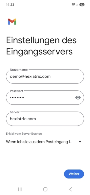 Geben Sie Benutzername und die Server-Adresse für eingehende Post ein. Wählen Sie Weiter