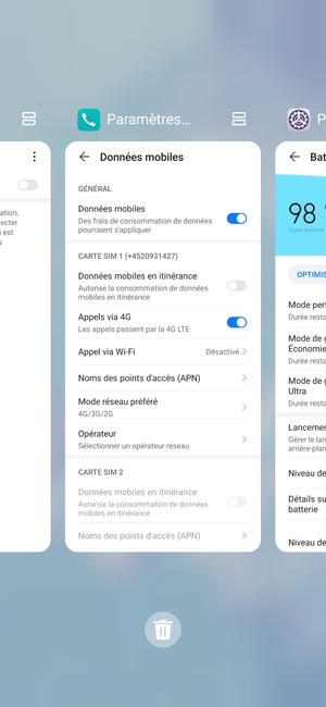 Sélectionnez l'icône Supprimer pour fermer toutes les applis en cours d'exécution