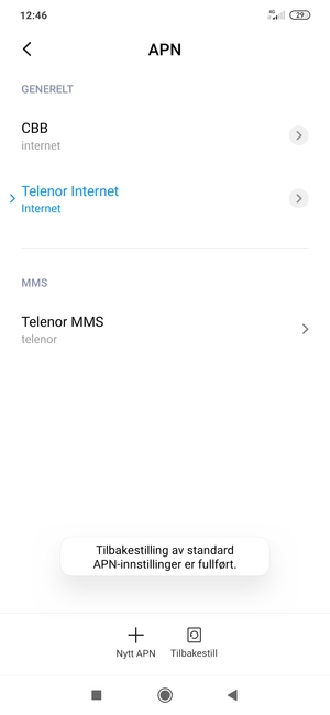 Telefonen din vil tilbakestilles til standard internett-og MMS-innstillinger