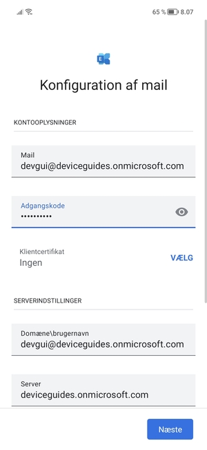 Indtast Brugernavn og Exchange serveradresse. Vælg Næste