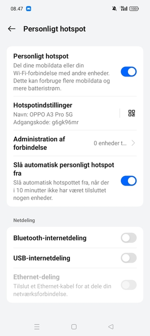 Din telefon er nu sat op til brug som modem