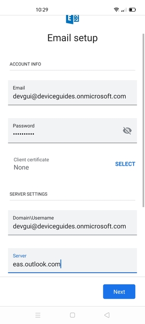 Enter Username and Exchange server address. Select Next