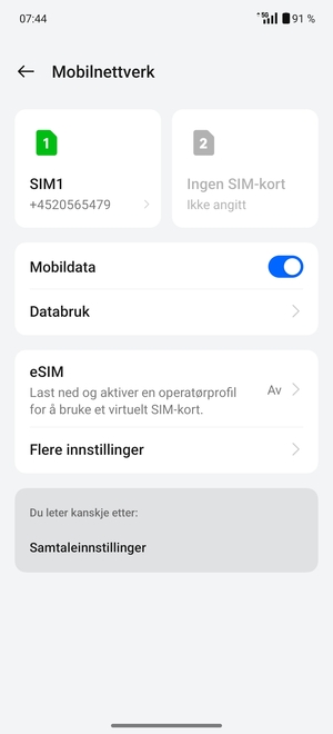 Velg SIM1 eller SIM2