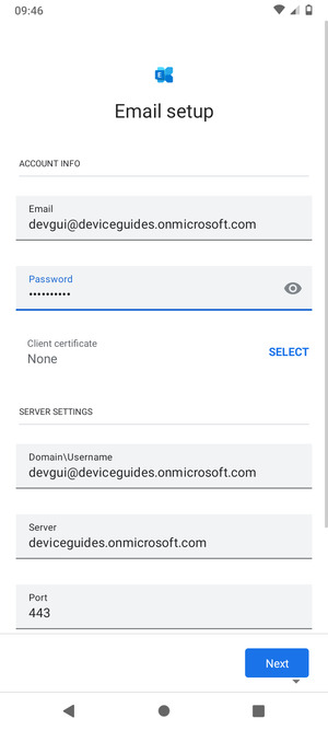 Enter Username and Exchange server address. Select Next