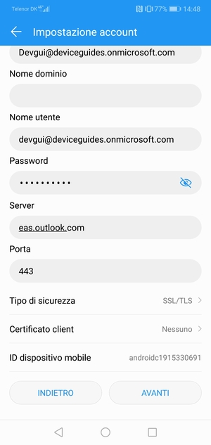 Inserisci l'indirizzo del server Exchange e seleziona AVANTI