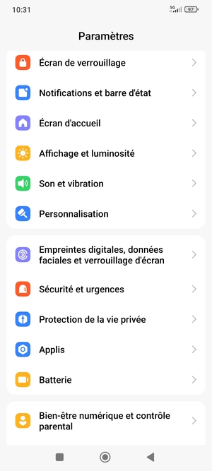 Faites défiler et sélectionnez Empreintes digitales, données faciales et verrouilage de l'ecran