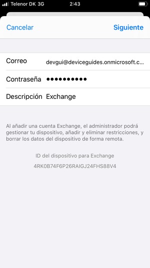 Introduzca su Información de correo electrónico Exchange y seleccione Siguiente