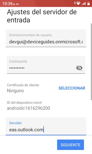 Introduzca Nombre de usuario y la dirección de servidor Exchange. Seleccione SIGUIENTE