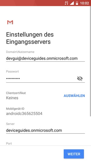 Geben Sie Nutzername und Exchange Server-Adresse ein. Wählen Sie WEITER