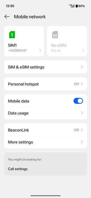 Select SIM1 or SIM2