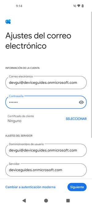 Introduzca Nombre de usuario y la dirección de servidor Exchange. Seleccione Siguiente