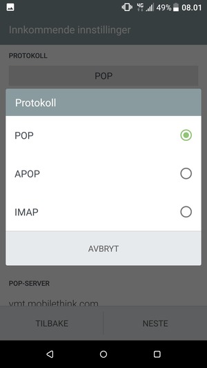 Velg POP eller IMAP