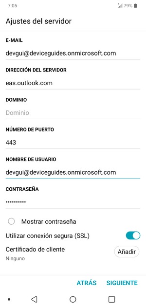 Introduzca dirección del servidor Exchange y Nombre de usuario. Seleccione SIGUIENTE