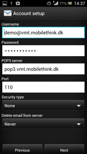 Enter Username and Incoming server address. Select Next