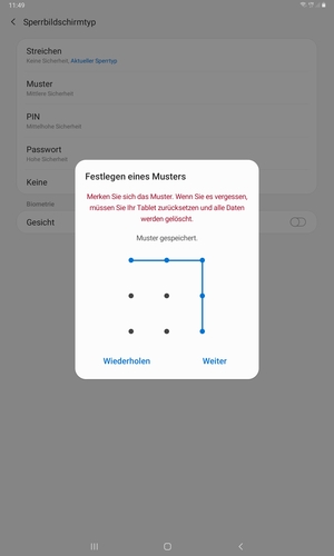 Zeichnen Sie ein Entsperrmuster und wählen Sie Weiter