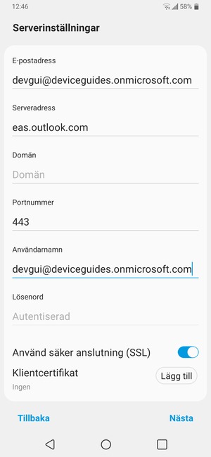 Ange Exchange-serveradress och Användarnamn. Välj Nästa