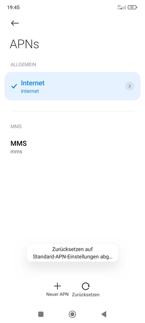 Ihr Handy wird auf Standard-Einstellungen für Internet und MMS zurückgestellt