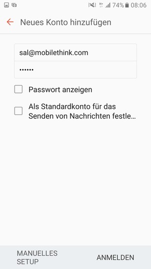 Geben Sie Ihre E-Mail-Adresse und Ihr Passwort ein. Wählen Sie MANUELLES SETUP