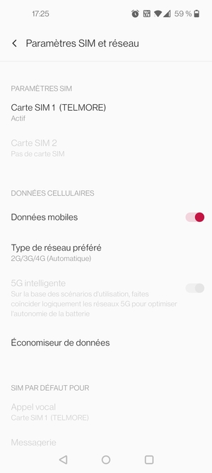 Sélectionnez Carte SIM 1 ou Carte SIM 2
