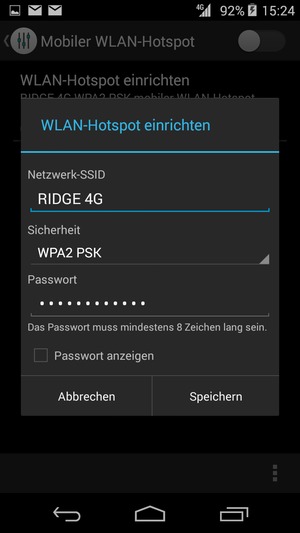 Geben Sie eine WLAN-Hotspot-Passwort mit mindestens 8 Zeichen ein und wählen Sie Speichern