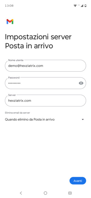 Inserisci Nome utente e l'indirizzo del server di posta in arrivo. Seleziona Avanti