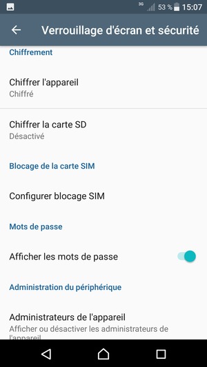 Pour modifier le code PIN de la carte SIM, revenez au menu Verrouillage d'écran et sécurité, faites défiler et sélectionnez Configurer blocage SIM