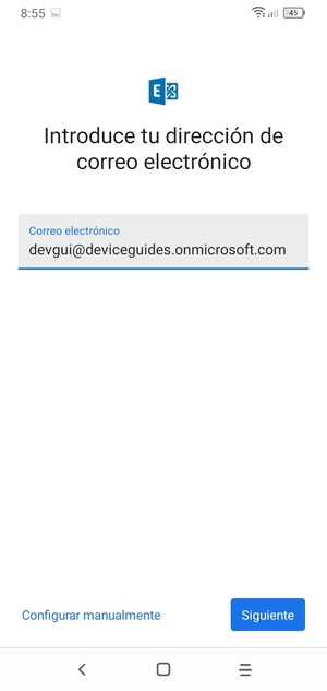 Introduzca su Dirección de correo electrónico y seleccione Configurar manualmente