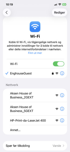 Du er nå koblet til Wi-Fi-nettverket