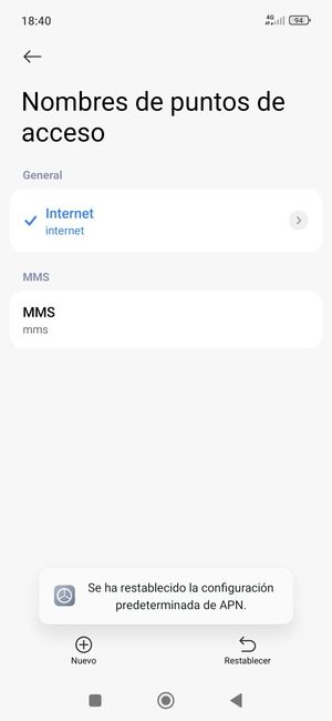 El teléfono se reiniciará con la configuración predeterminada de Internet y MMS