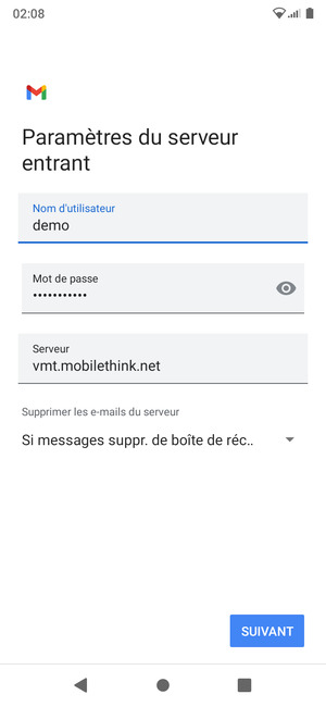 Saisissez votre Nom d'utilisateur et l'adresse du serveur entrant. Sélectionnez SUIVANT