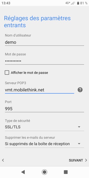Saisissez votre Nom d'utilisateur et l'adresse du serveur entrant