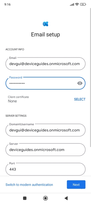Enter Username and Exchange server address. Select Next