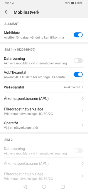 Scrolla till SIM 1 eller SIM 2 och välj Åtkomstpunktsnamn (APN)