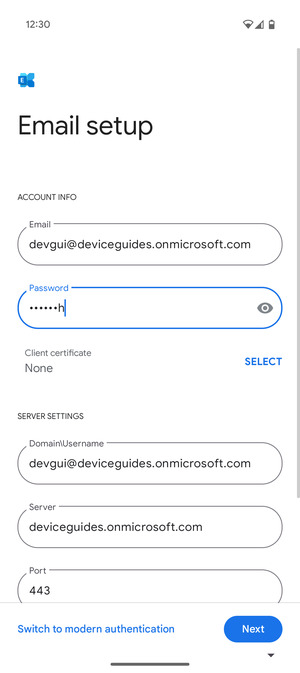 Enter Username and Exchange server address. Select Next