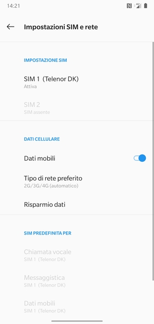 Seleziona SIM 1 o SIM 2