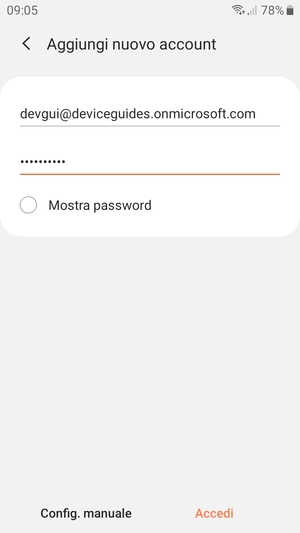 Inserisci il tuo indirizzo email e password. Seleziona Config. manuale